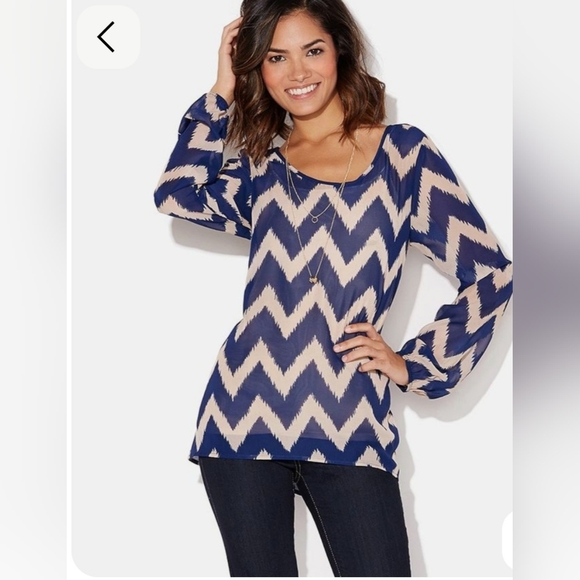 Chevron Patterned Blue and Cream Sheer Women's Top - Picture 1 of 11